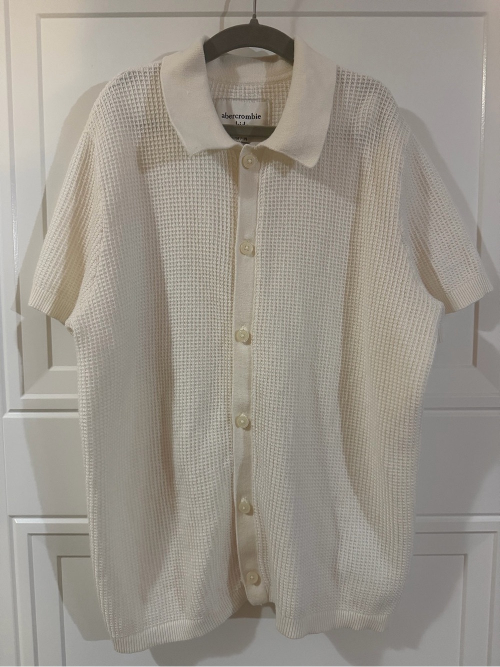 abercrombie kids Cream Waffle-Knit Short-Sleeve button down sweater youth 13/14